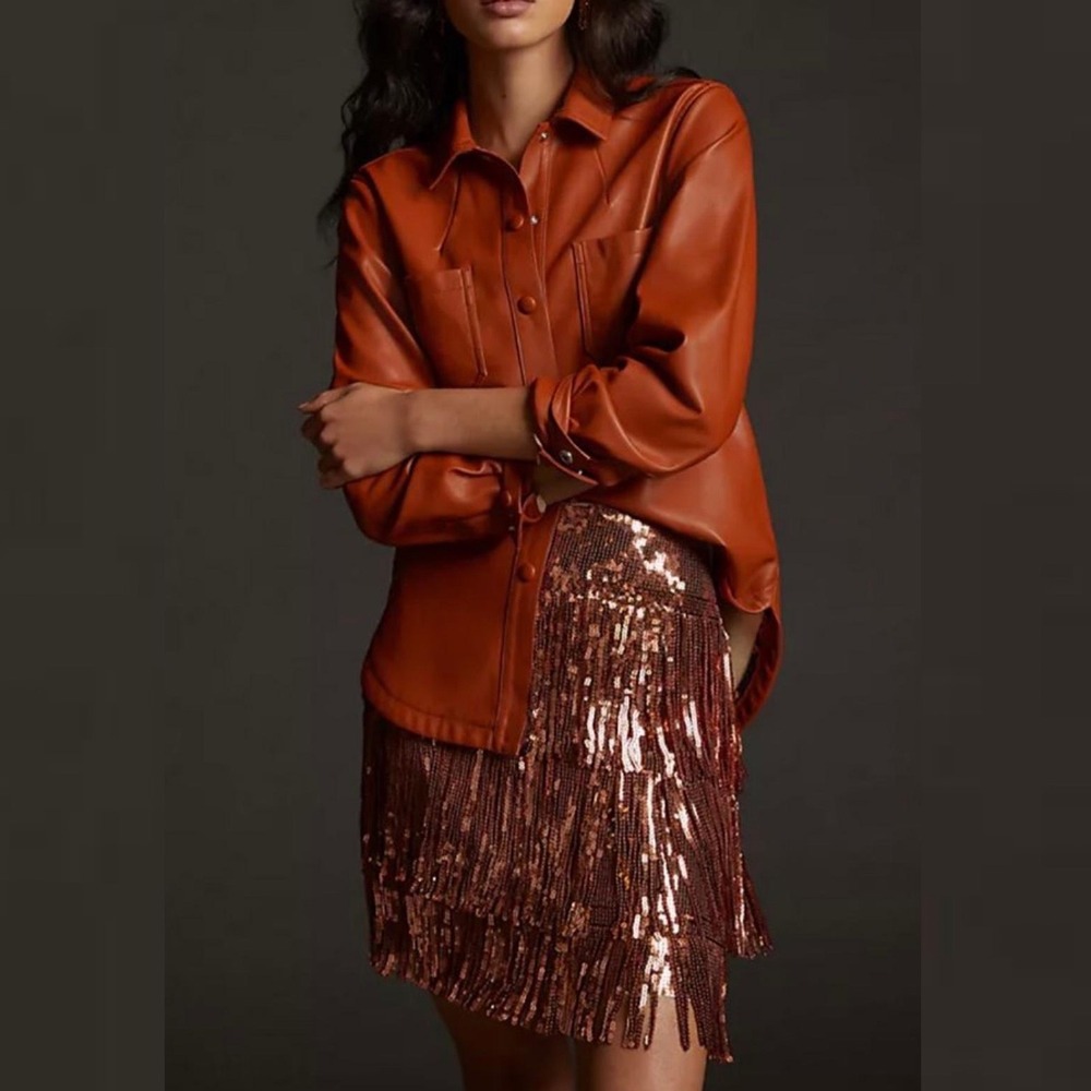 Anthropologie Maeve Fringe Sequin Mini Skirt Rose Gold Womens Size 4 Party Zip